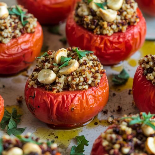 Tomates Assados Recheados com Grãos e Castanhas