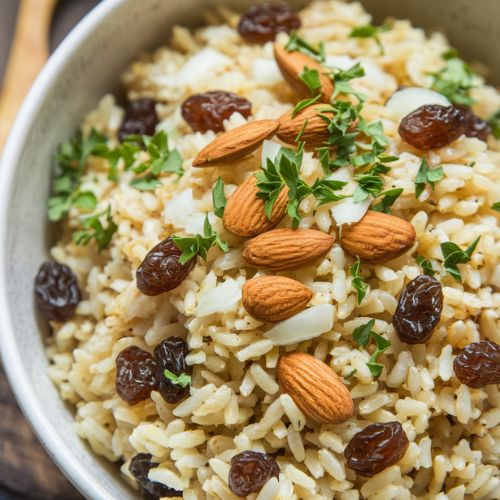 Arroz Integral Vegano com Amêndoas e Passas Fitness