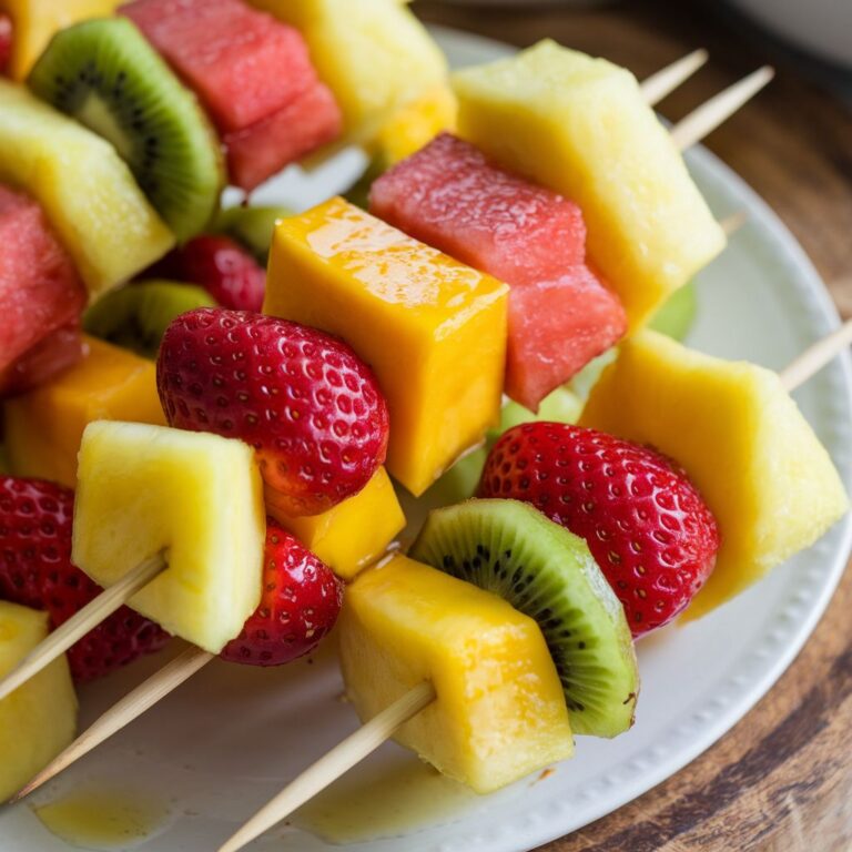 Espetinhos de Frutas Tropicais Veganos com Melado Sem Açúcar